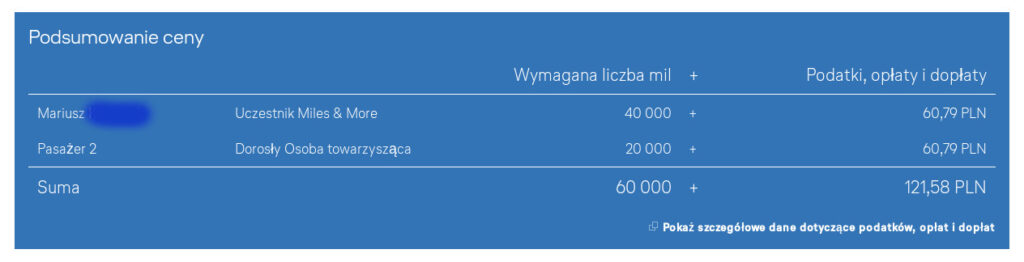 Senator - rezerwacja biletu nagrody - druga osoba 1/2 stawki milowej